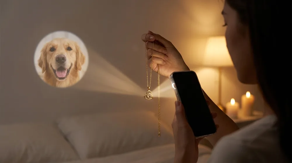 Iris necklace with a dog's photo hidden inside the lens